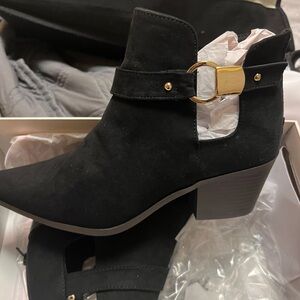 Black Ankle Boots with Gold Buckle